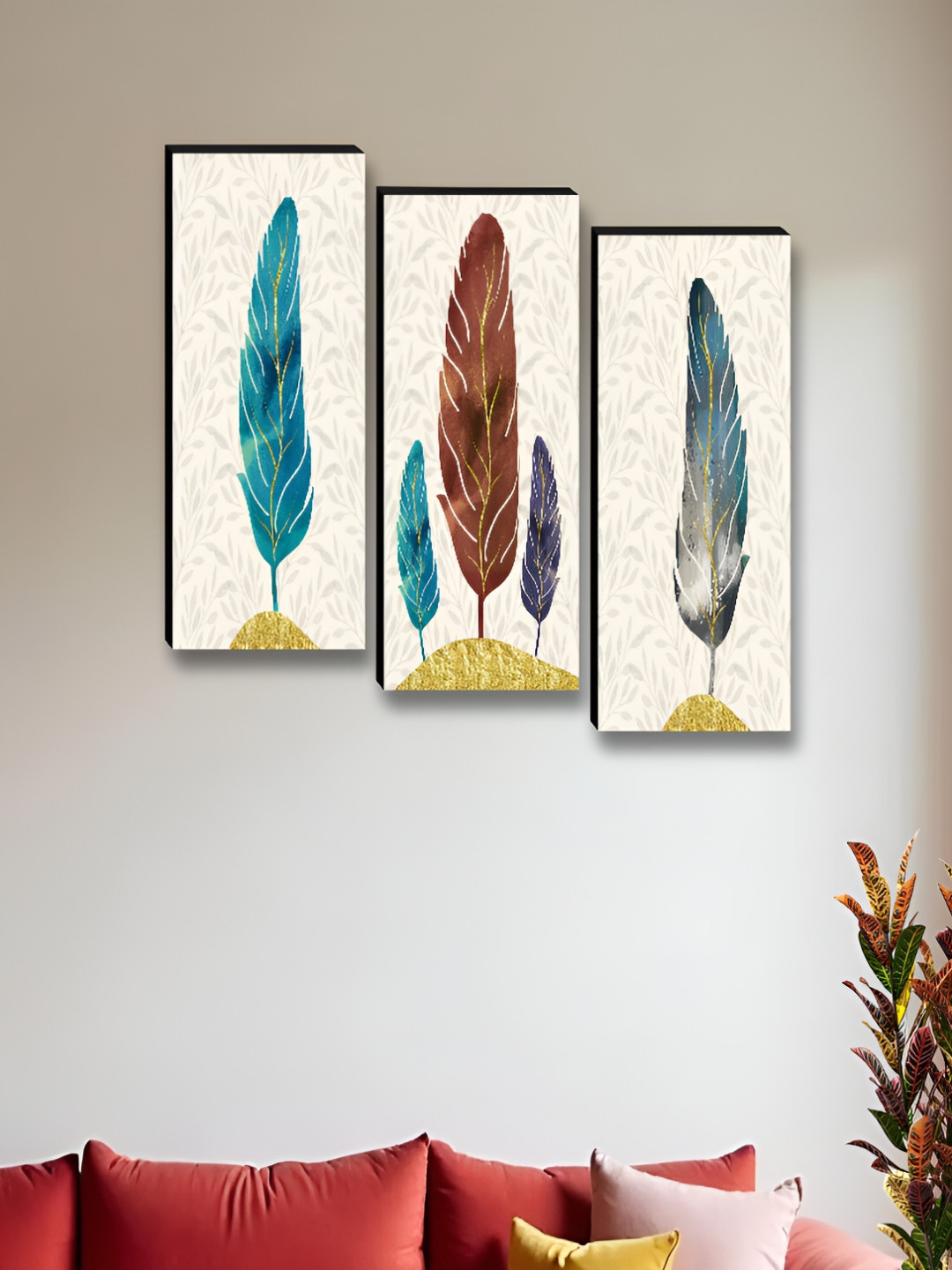 Myntra Elegant Homes White & Blue 3 Pieces Wing Floral and Botanical Wooden Wall Arts