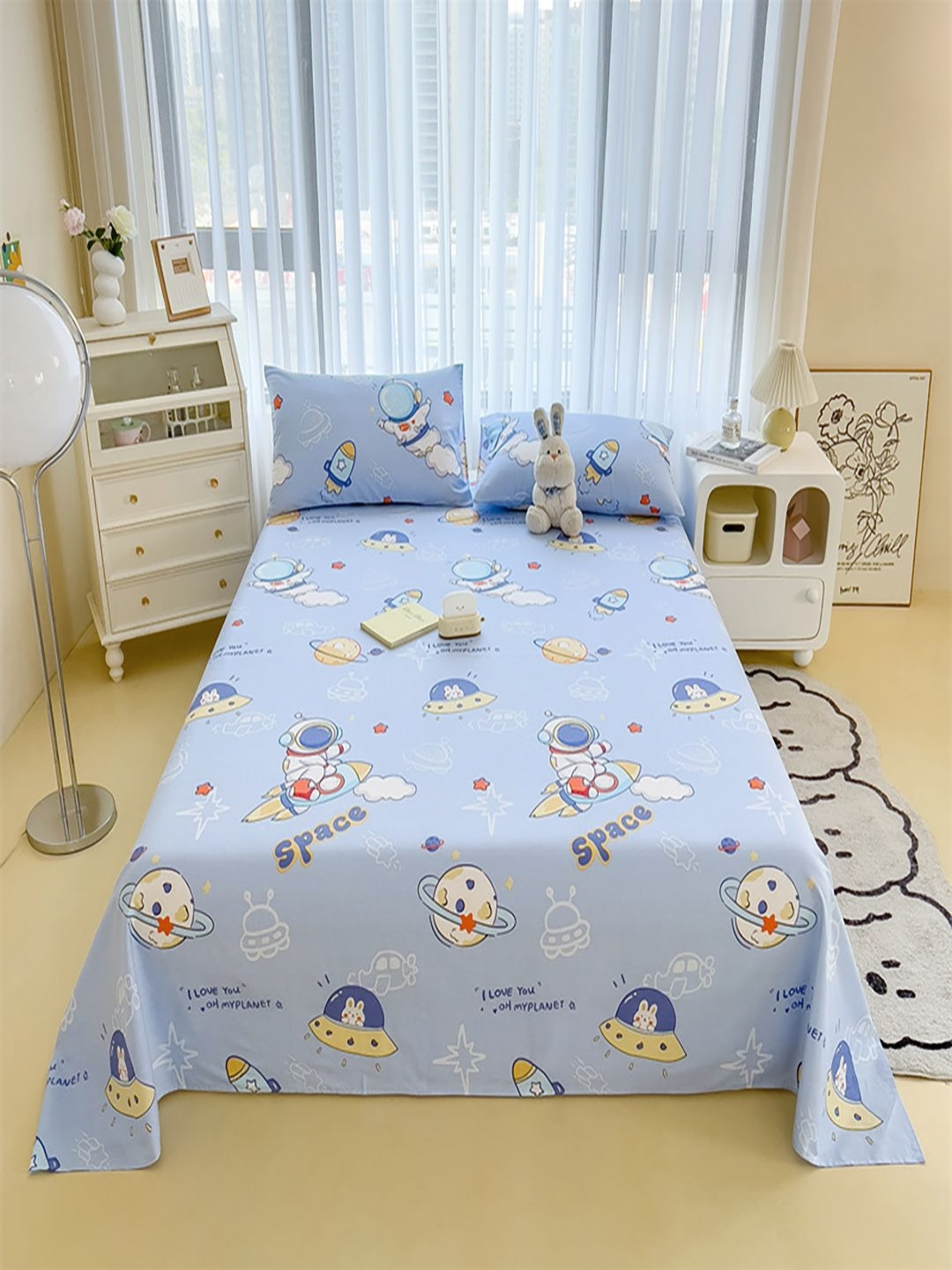 JC HOME Blue Cartoon Characters Pure Cotton 220 TC Single Fine Bedsheet with 2 Pillow Covers-63 x 91 inches