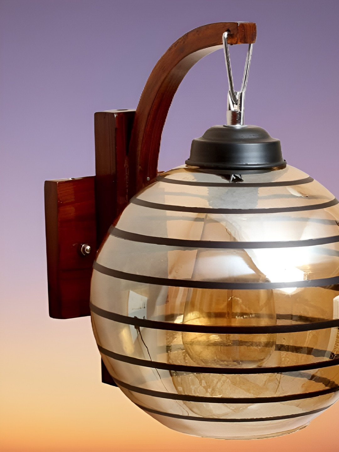 KINIS Brown & Black Striped Wooden Quirky Spherical Shaped Wall Lamp