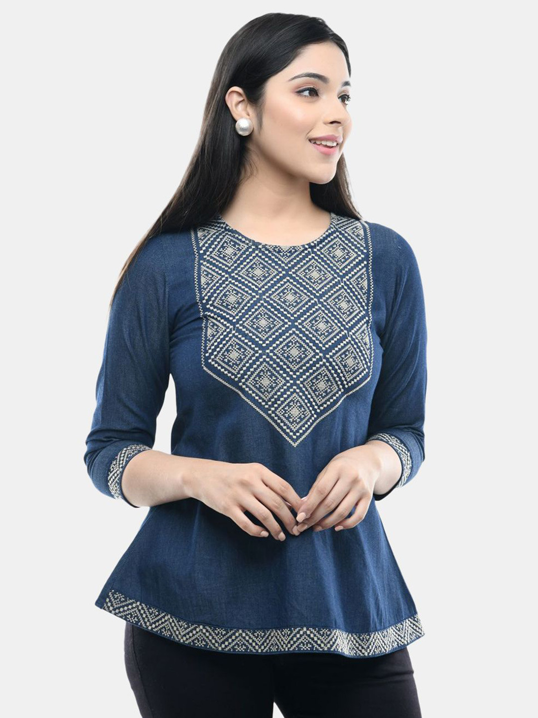 VAAMII Embroidered Denim Three-Quarter Sleeves Top
