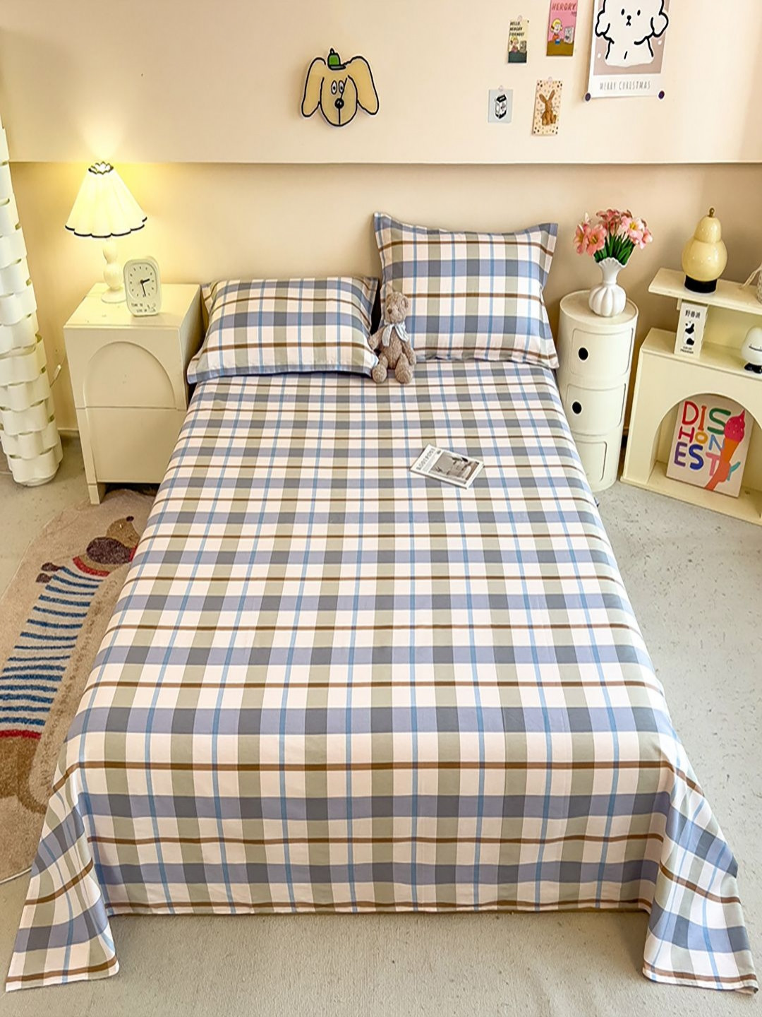 JC HOME Paradiso White Checked Pure Cotton 220 TC King Fine Bedsheet with 2 Pillow Covers-91 x 98 inches