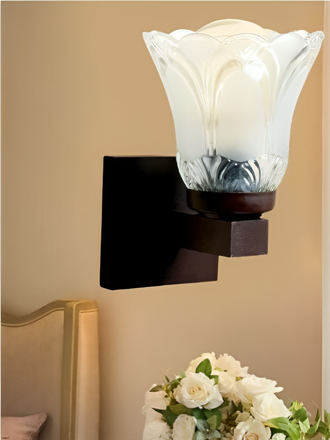 KINIS Brown & White Bell Shaped Wooden Wall Lamp & Bulb