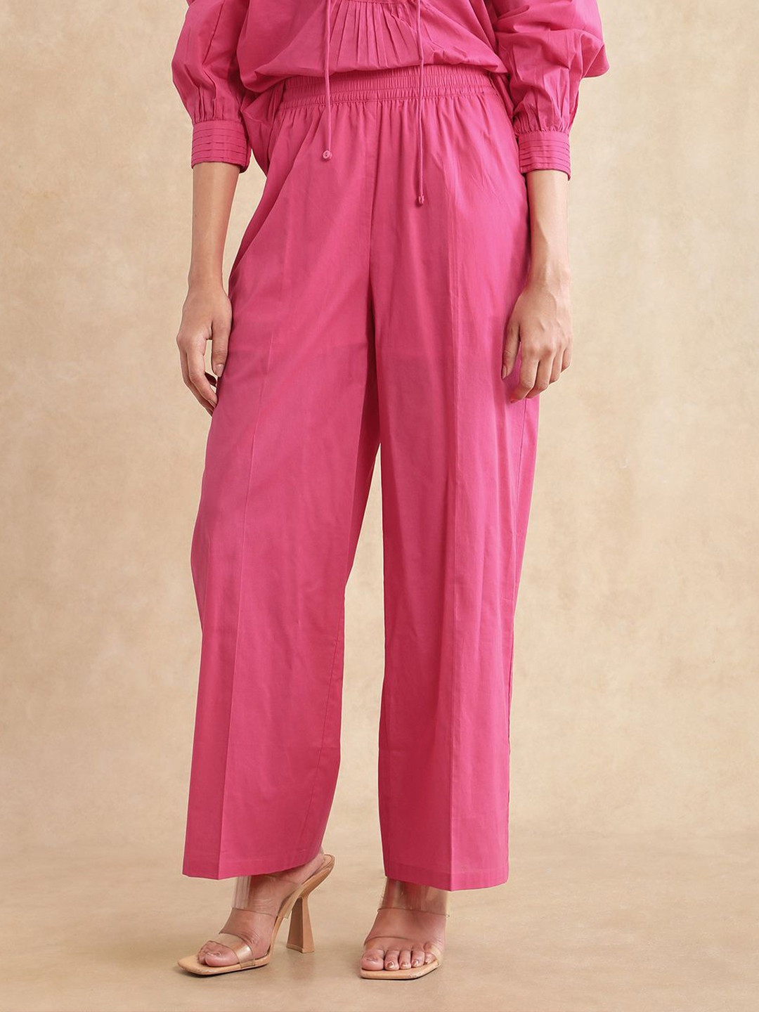 RAREISM Somhur-b Primary Pink Women Comfort Straight Fit High-Rise Pleated Trousers