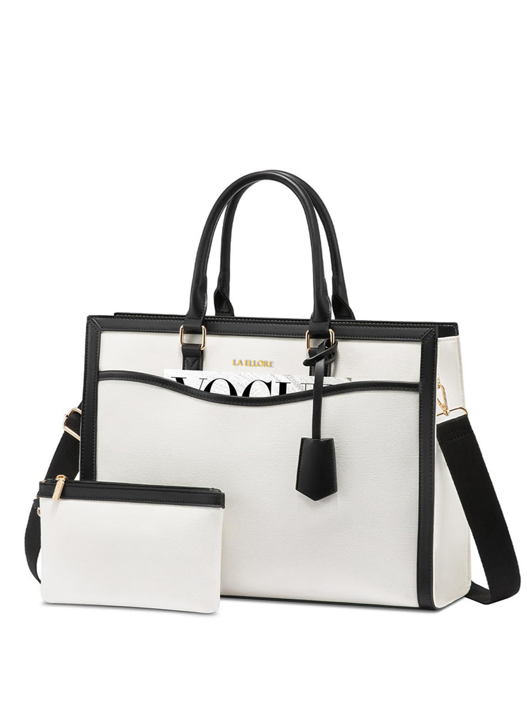 LA ELLORE Women Colorblock Black Solid Vegan Leather Handheld Bag with Small Pouch