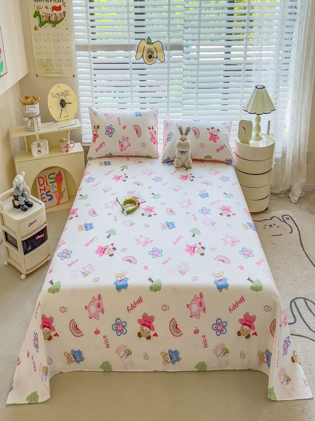 JC HOME Eclectic Garden White Conversational Pure Cotton 220 TC King Bedsheet with 2 Pillow Covers-230 x 250 cm