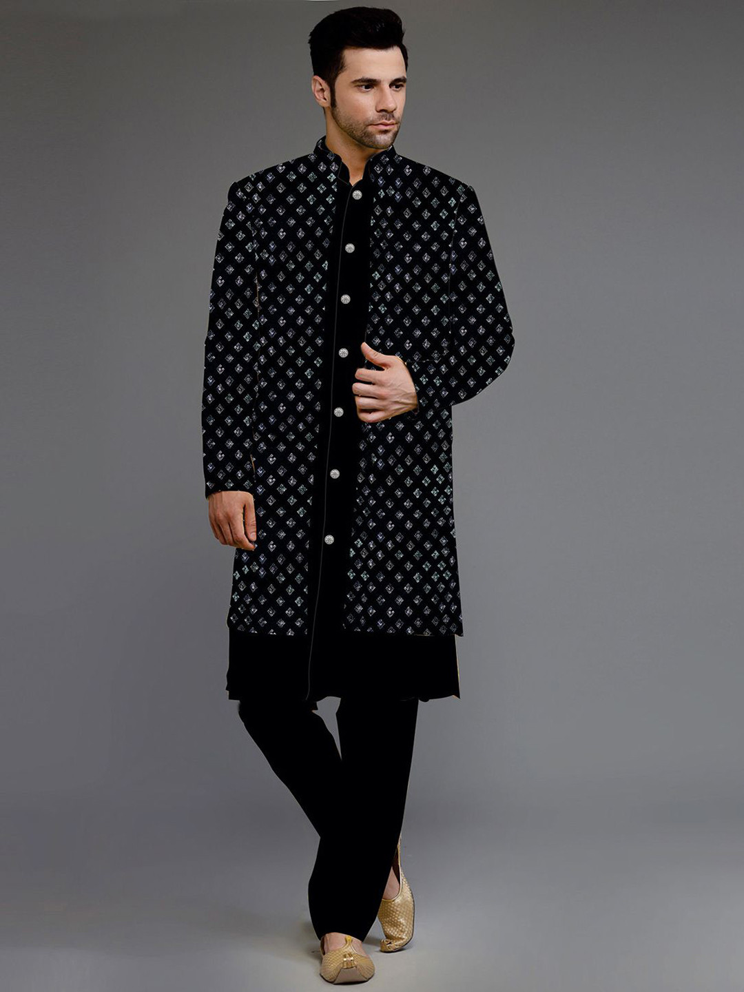 Utsav Fashion Embroidered Uppada Silk Sherwani and pant with Faux Georgette Jacket Set