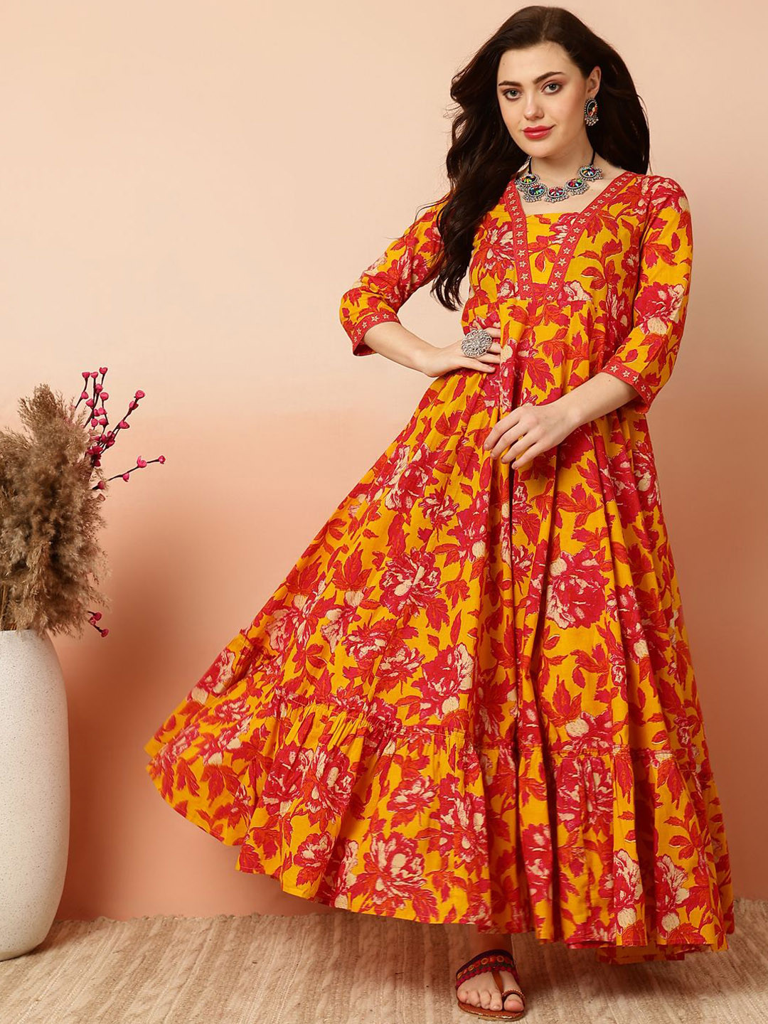 Sa Rasa Floral Printed Square Neck Empire Pure Cotton Anarkali Kurta