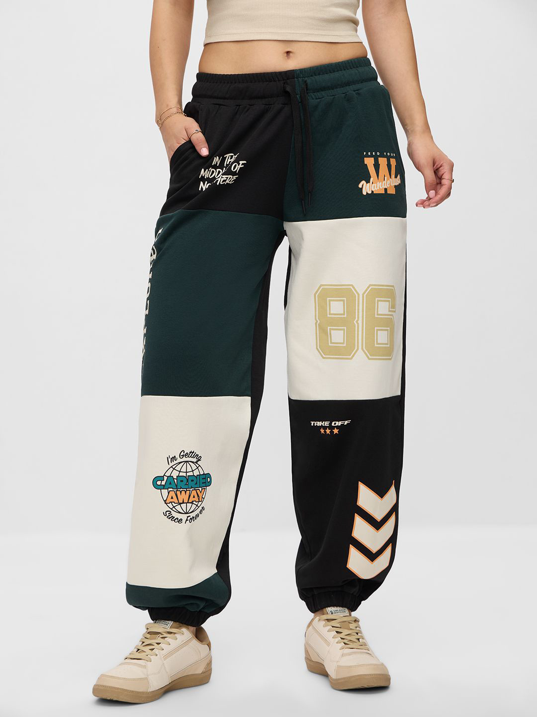 The Souled Store Wanderers Whimsy Women Green Printed Pure Cotton Joggers