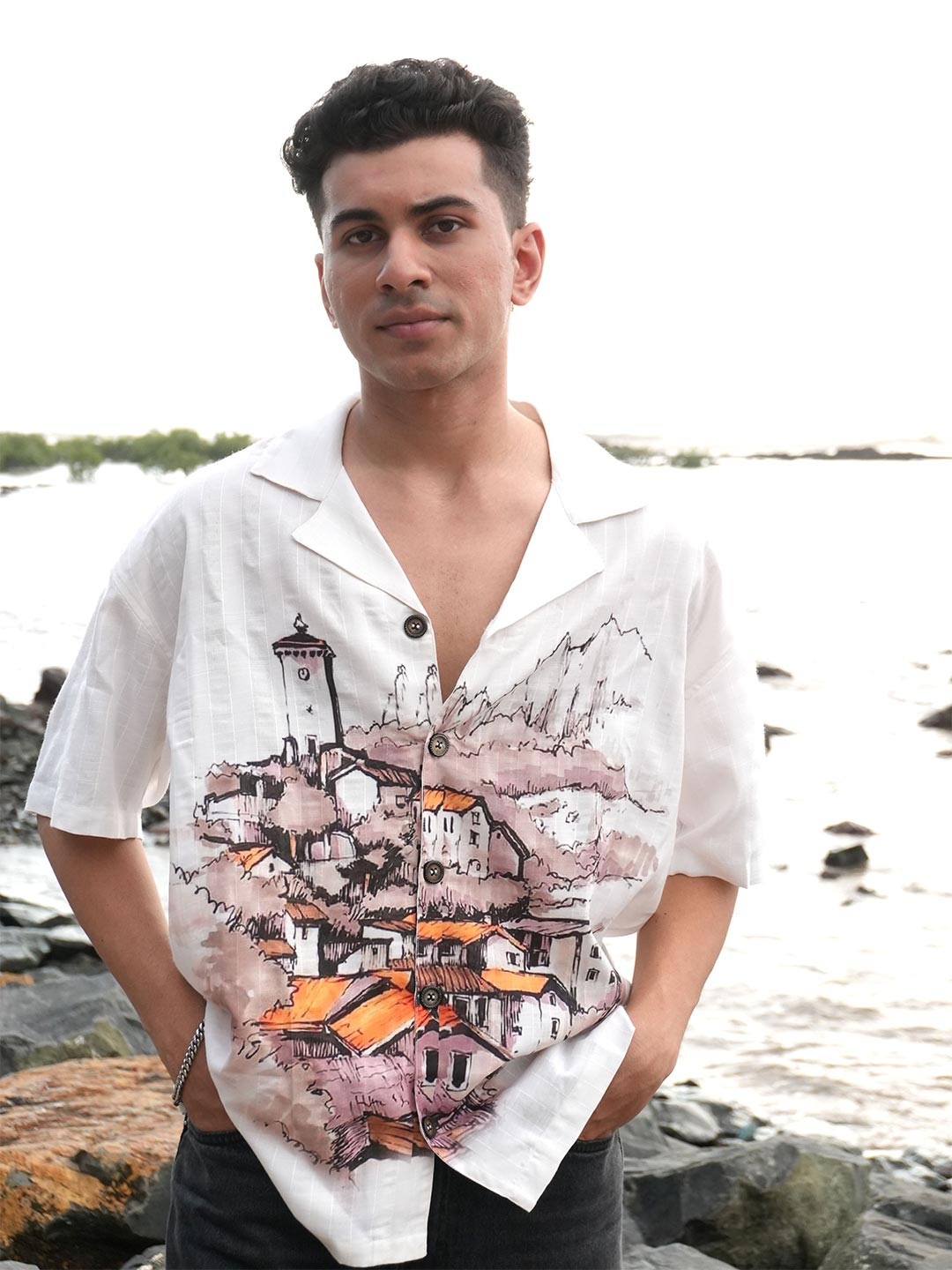 Big Bunny Abstract Printed Custom Fit Cuban Collar Oversized Cotton Shirt