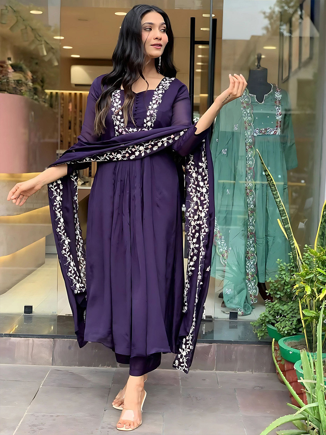 S.K.C Floral Yoke Design Sweetheart Neck Pure Silk A-Line Kurta With Trousers Dupatta