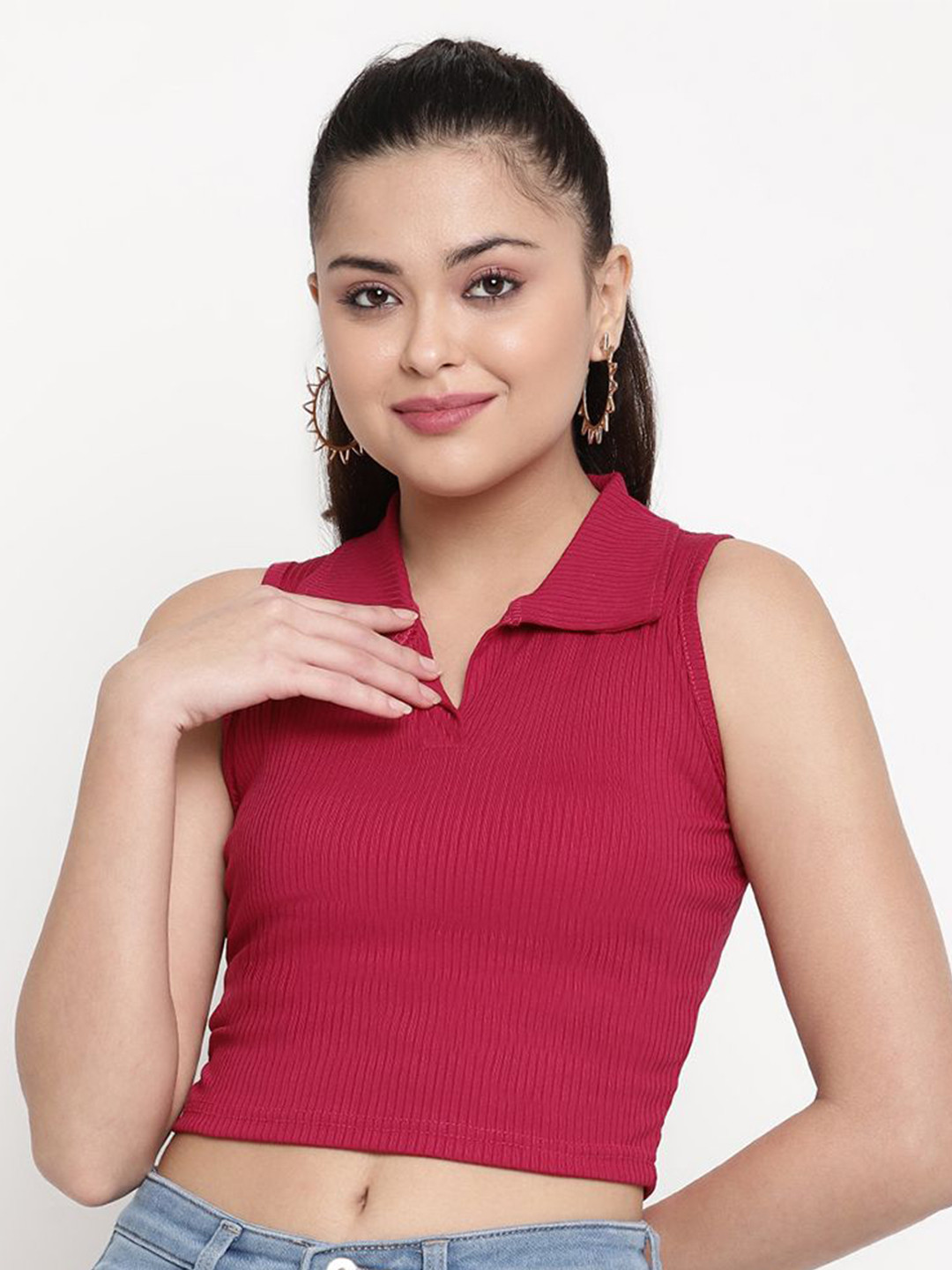 Sugathari Women Ribbed Shirt Collar Neck Crop Fitted Top