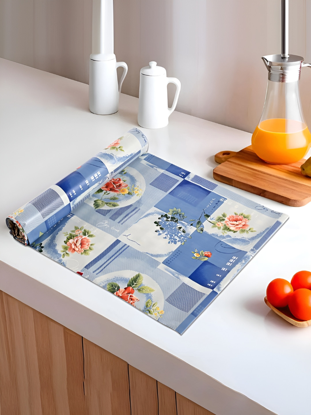 Myntra Elegant Homes Blue & Peach Colored Floral Printed Shelf Liner Organiser