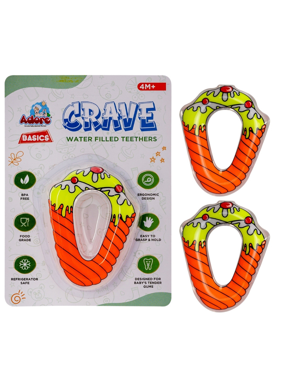 Adore Kids Pack of 2 Orange Colored & Yellow Ice Cream Shape Crave Water Filled Teethers