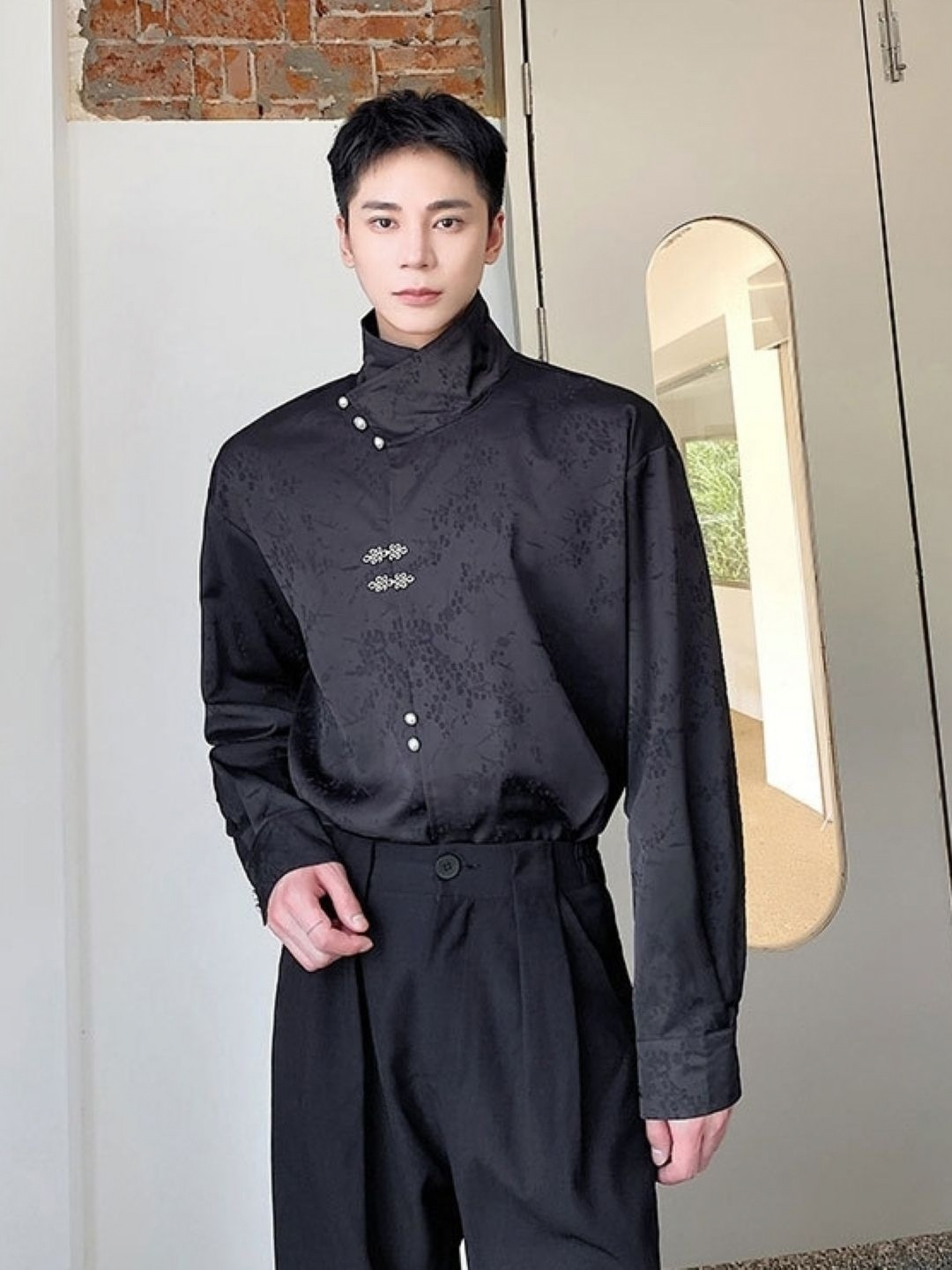StyleCast Men Floral Self Design Embroidered Mandarin Collar Oversized Shirt