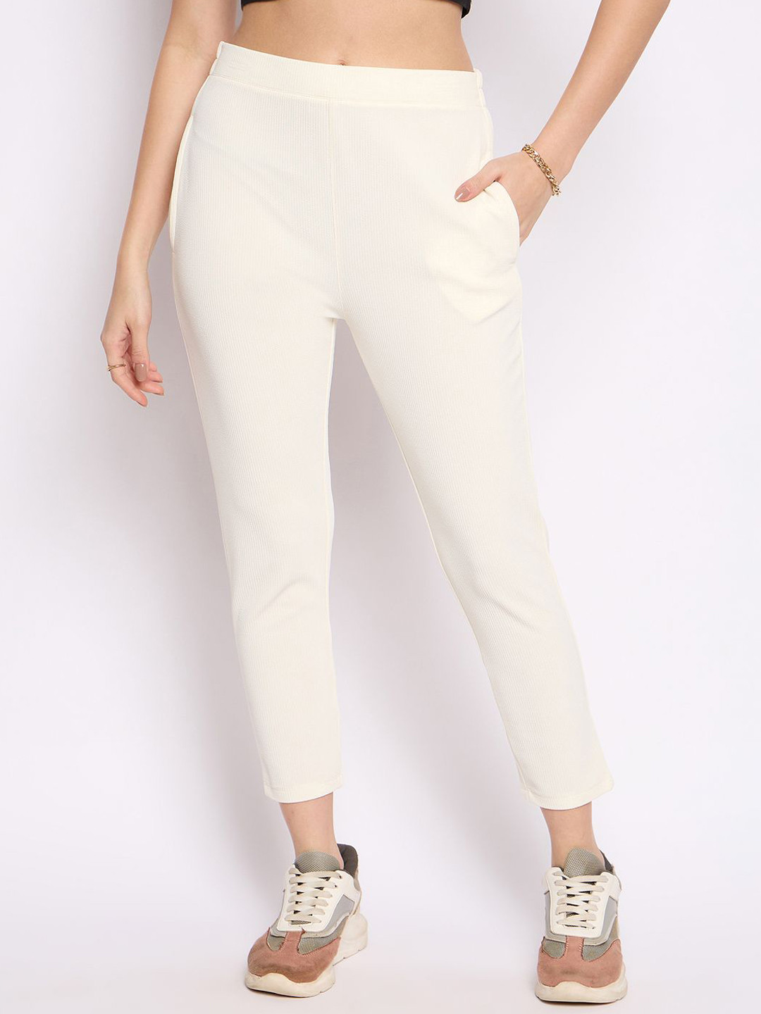 Camey Women Ribbed Slim Fit Cropped Trousers