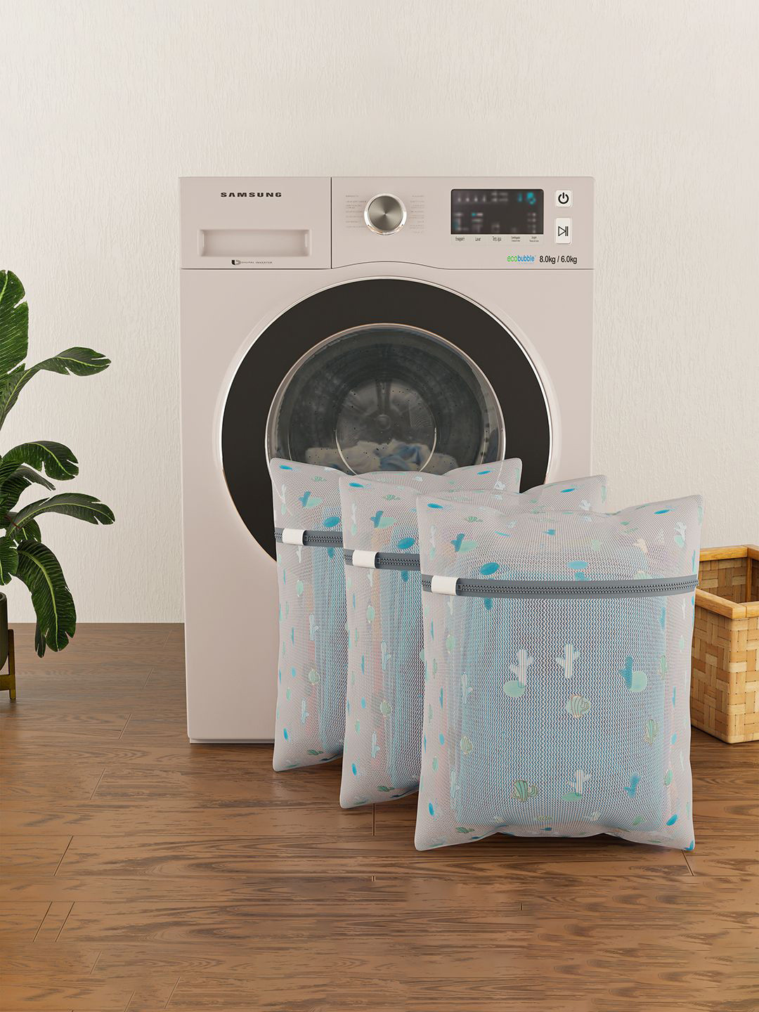 Kuber Industries White & Blue 3 Pieces Cactus Printed Reusable Laundry Bags With Zipper