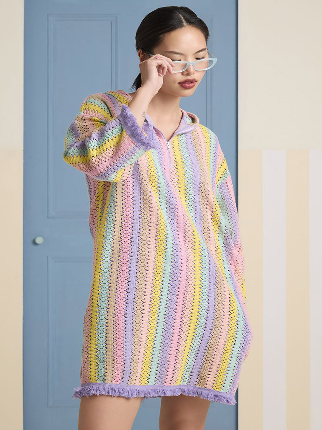 Muvazo Self Design Hooded Neck A-LineMini Dress