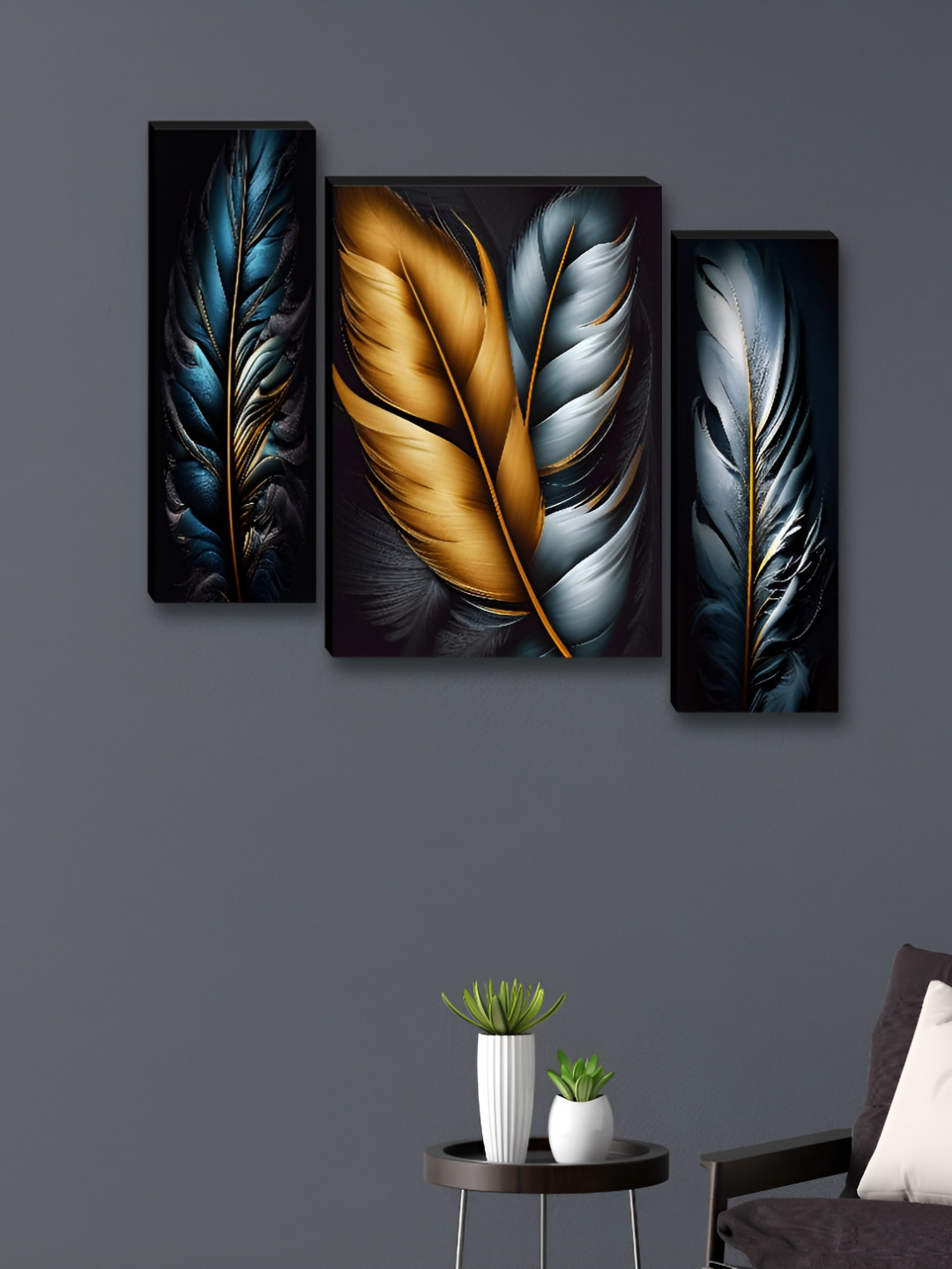 Myntra Elegant Homes Black & Gold-Toned 3 Pieces Wing Wall Art