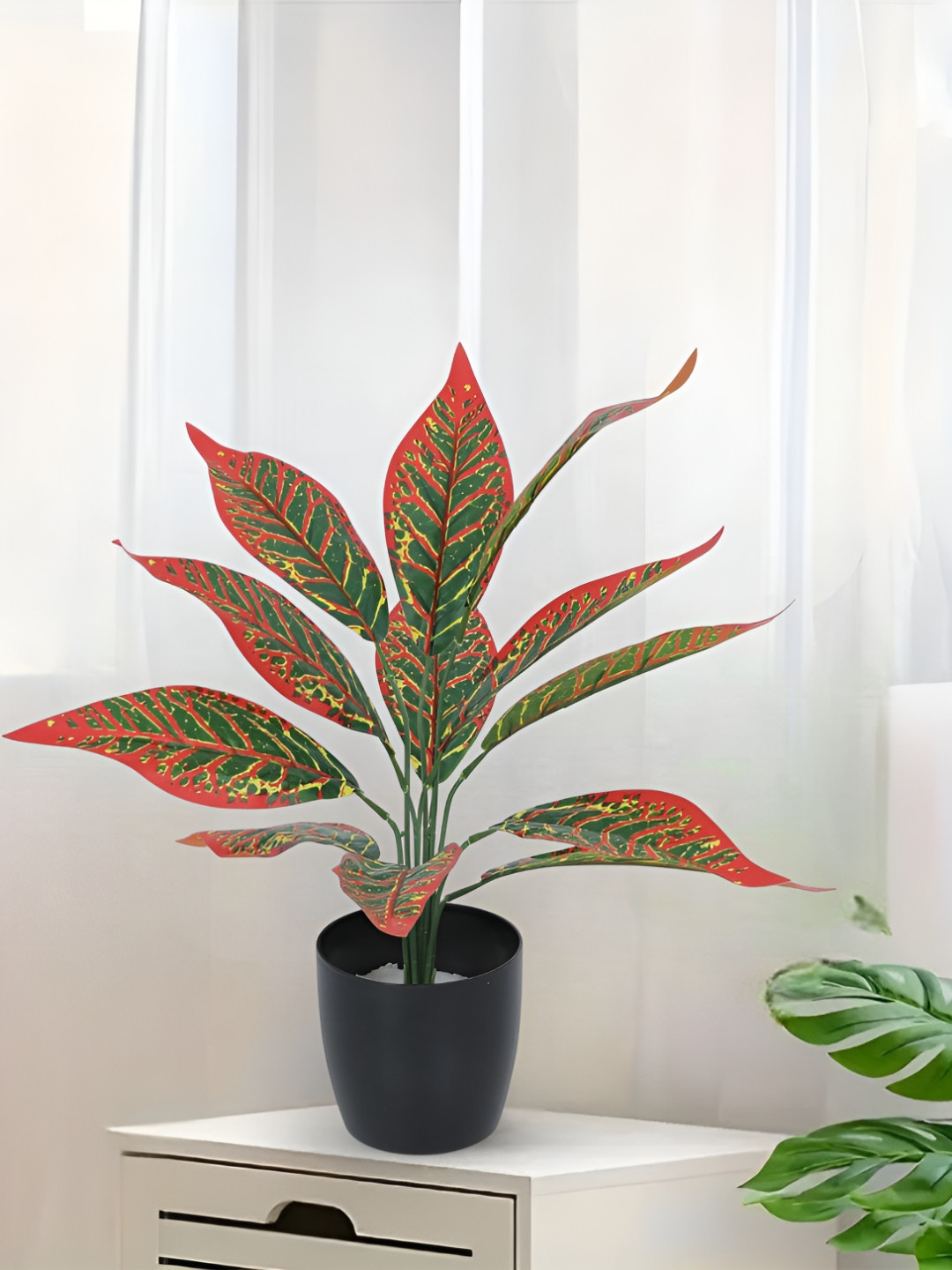 Home Bloom Red & Black Artificial Red Croton Plant With Pot