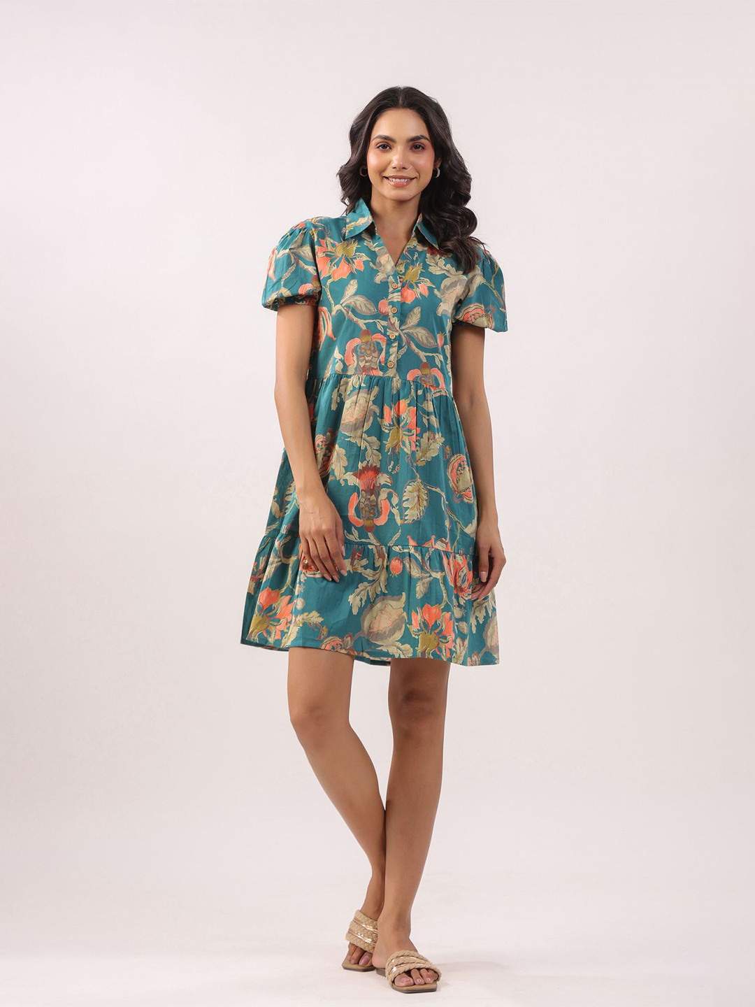 JISORA Women's Green Floral Printed Cotton Above Knee A-Line Dress