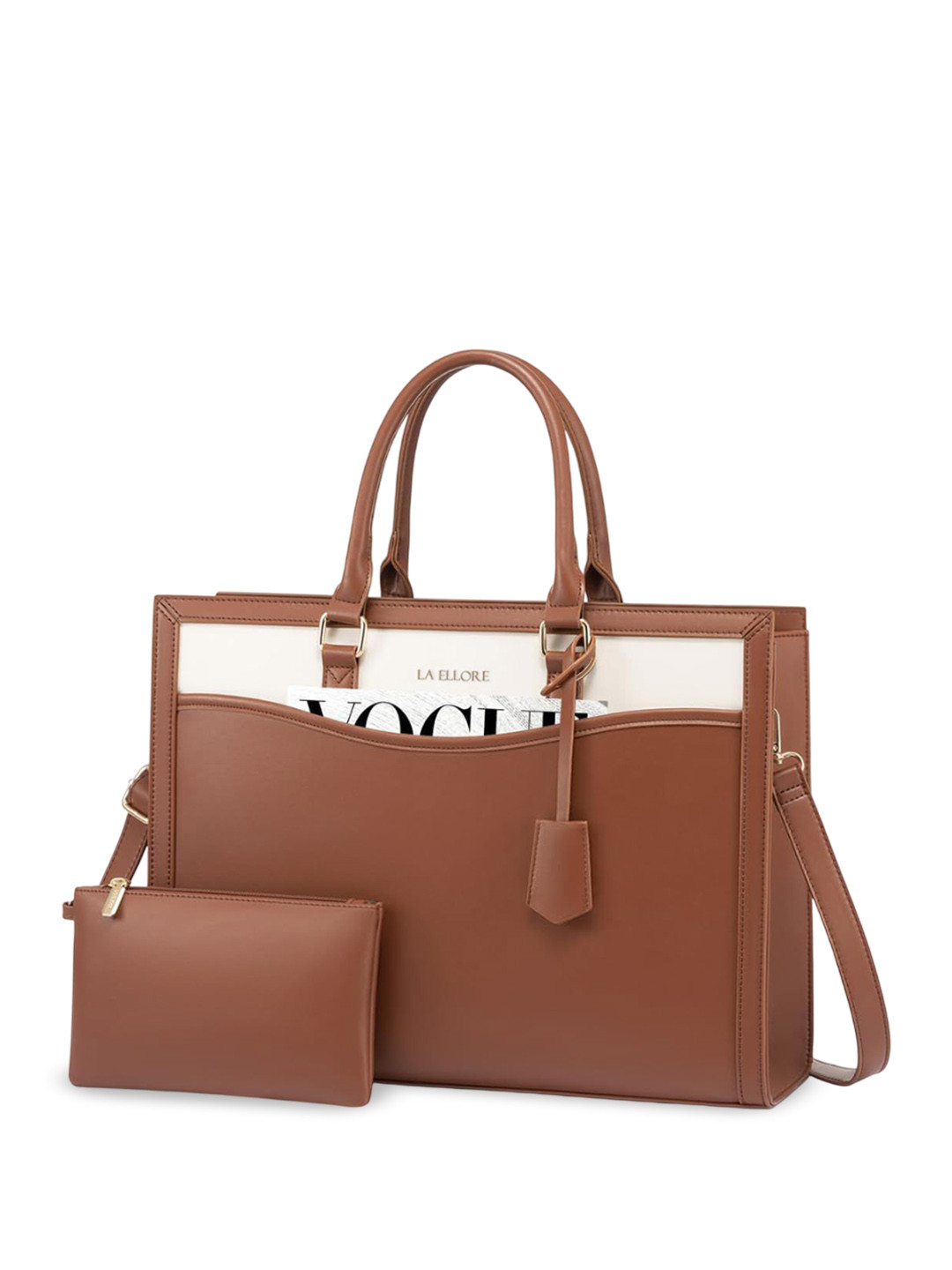 LA ELLORE Women Colorblock Tan Solid Vegan Leather Handheld Bag with Small Pouch