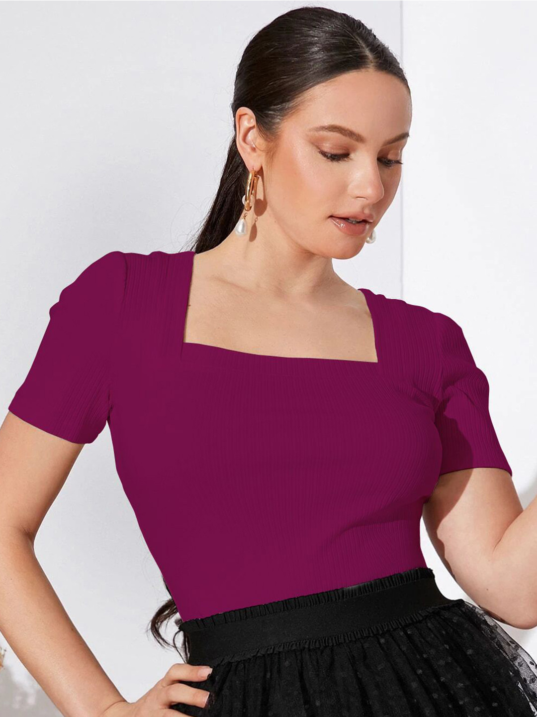 Sugathari Women Textured Ribbed Square Neck Raglan Sleeves Regular Top