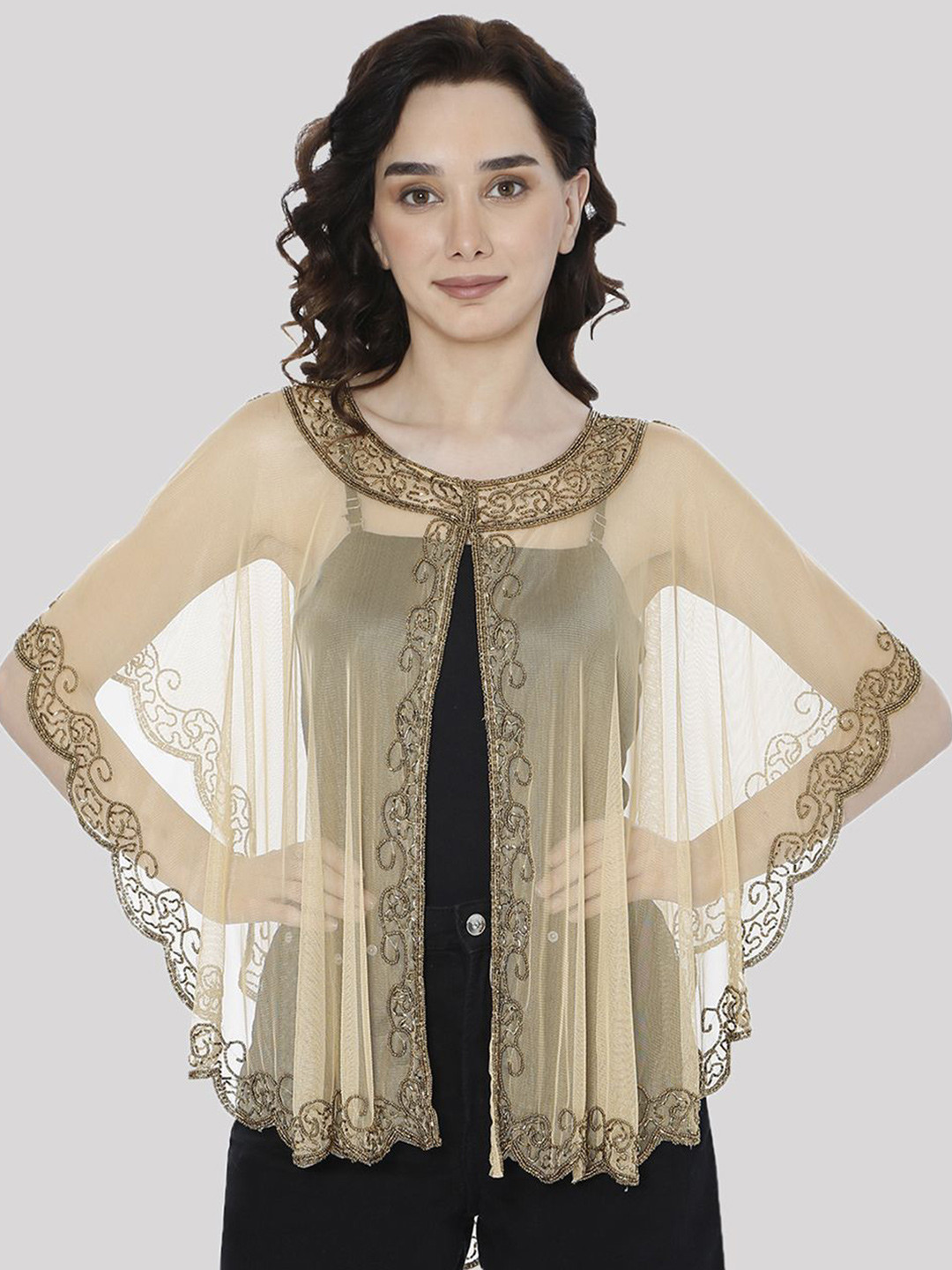 HAUTEMODA Beads Embroidered Poncho Cape Net Shrug