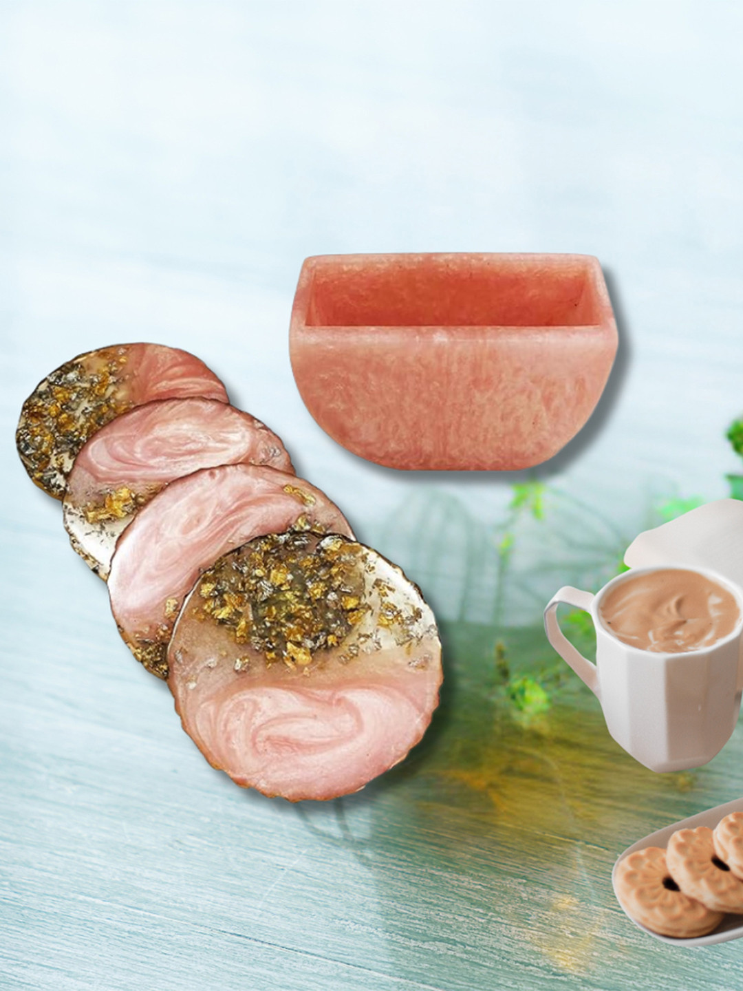 ShopMeFast 4-Pcs Pink & Yellow Coaster Set With Holder