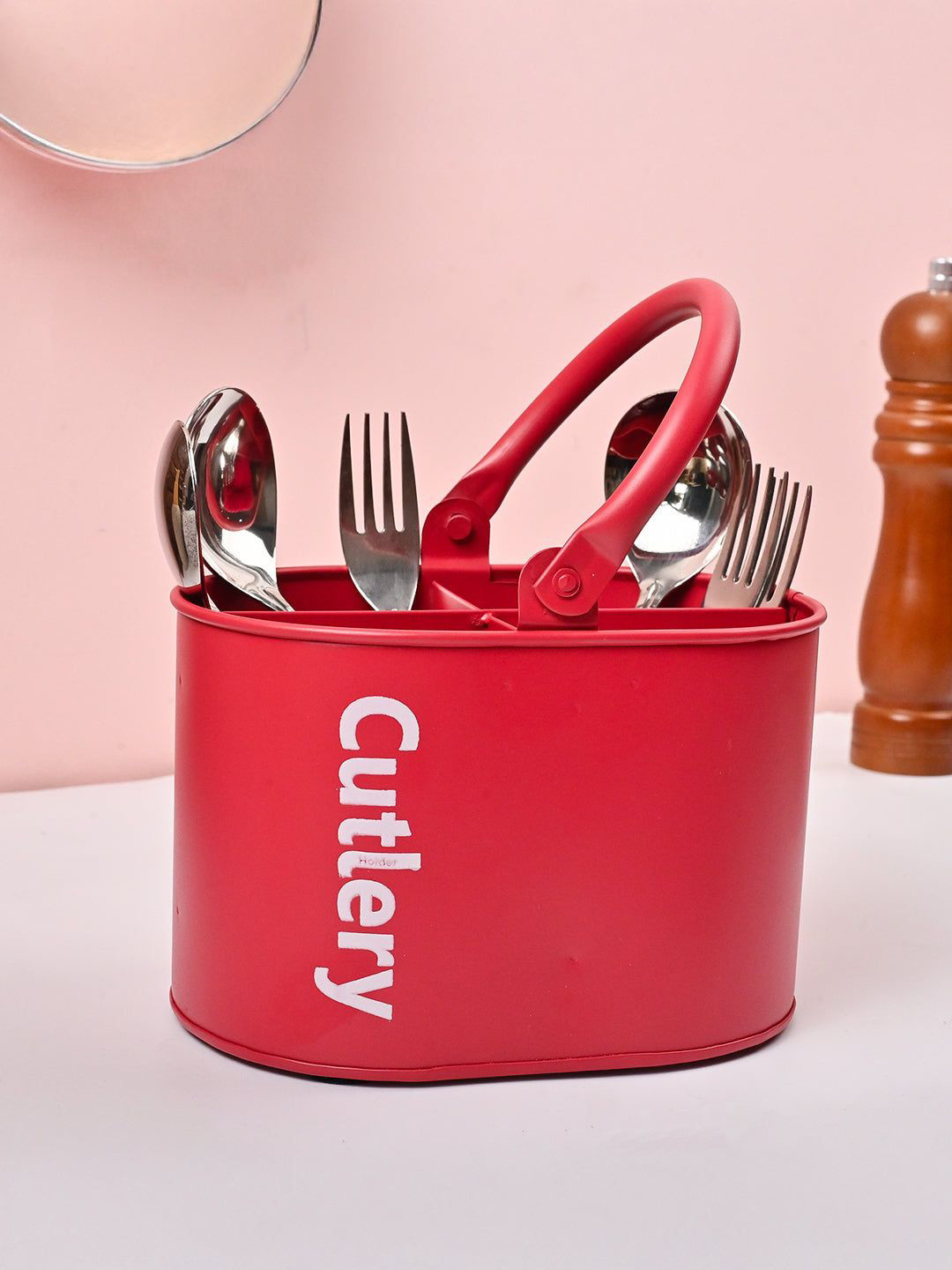MARKET99 VON CASA Red Galvanized Iron Cutlery Holder  Matte Finish