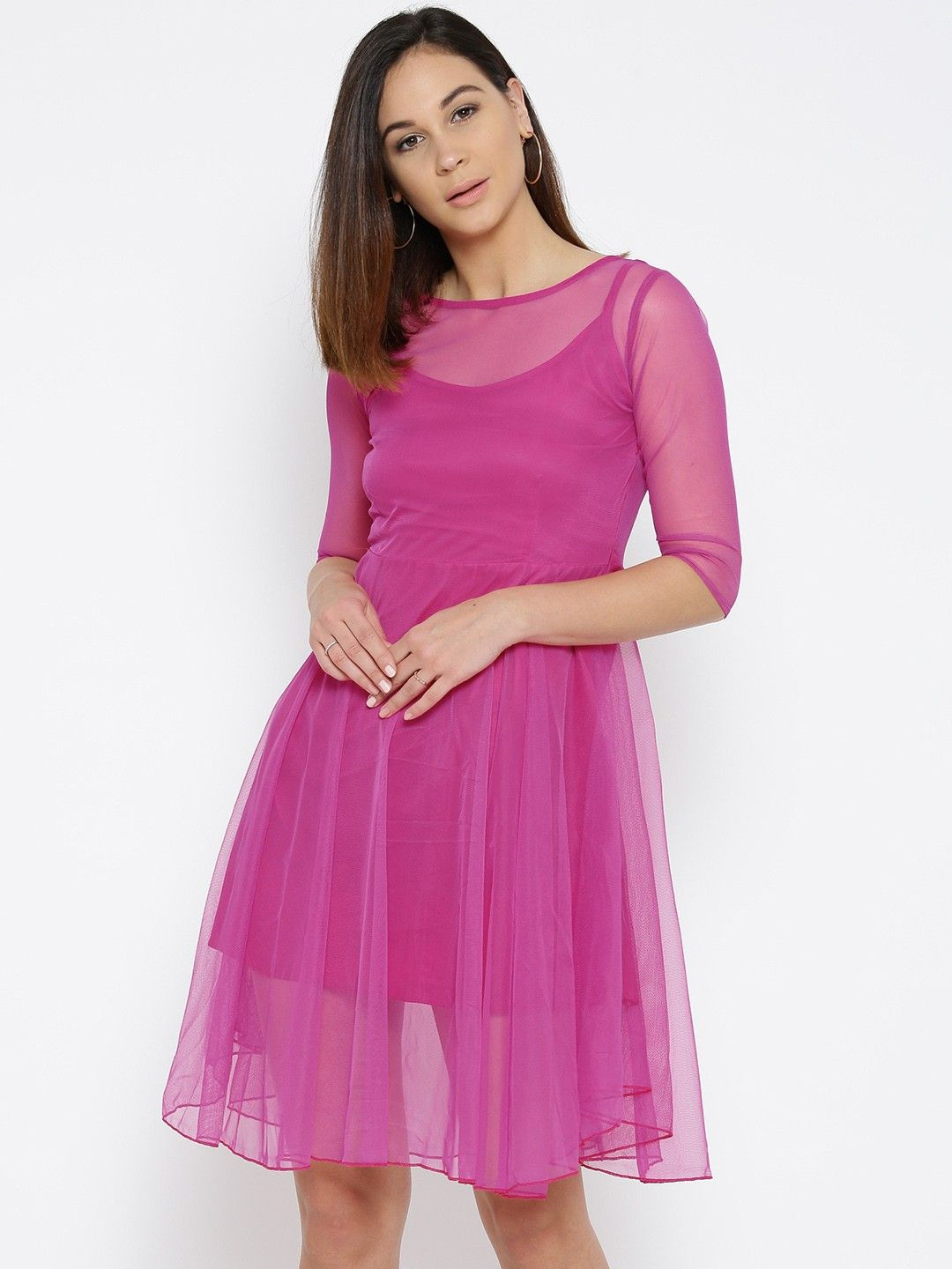 Moda Rapido Women Net Boat Neck Fit & Flare Tulle Knee Length Dress