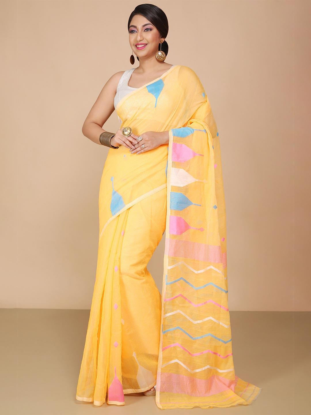 BENGAL HANDLOOM Anchal Beki Temple Border Woven Design Jamdani Saree