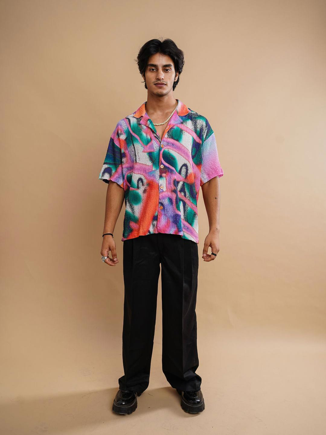 Big Bunny Men Custom Oversized Fit Cuban Collar Abstract Printed Casual Shirt