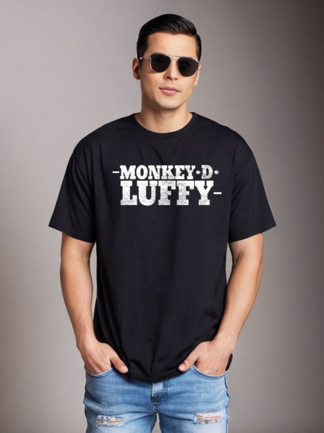 Be Crazy Anime Monkey D Luffy Printed Drop Shoulder Cotton Oversized T-shirt