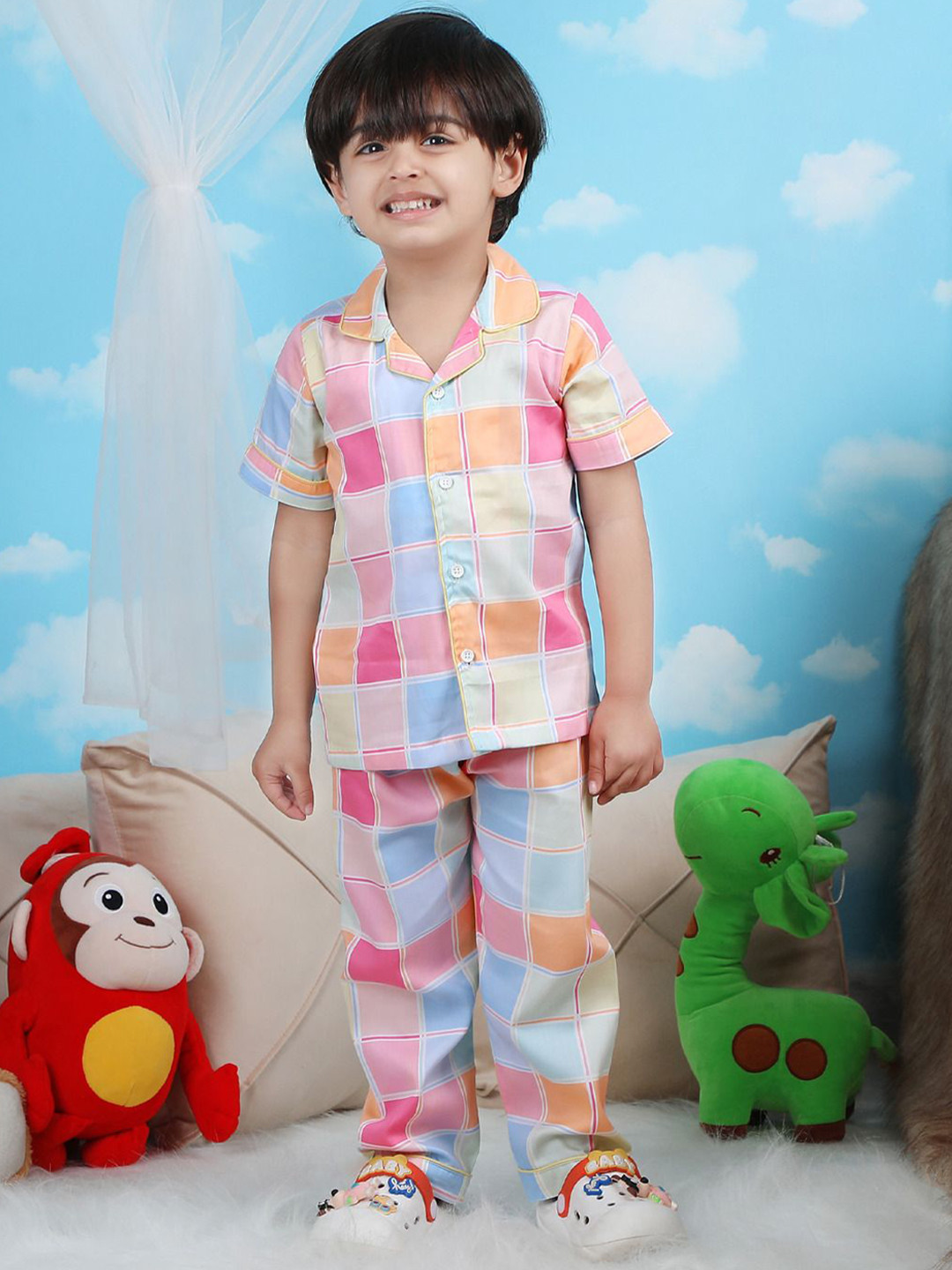 Polka Tots Boys Checked Lapel Collar Night suit