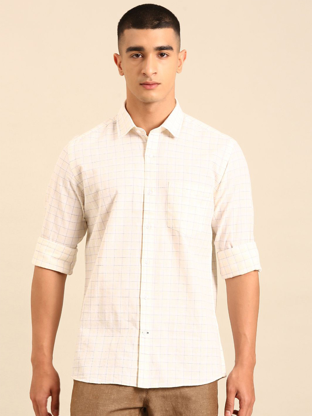 CAVALLO by Linen Club Men Checked Linen Contemporary Slim Fit Casual Shirts