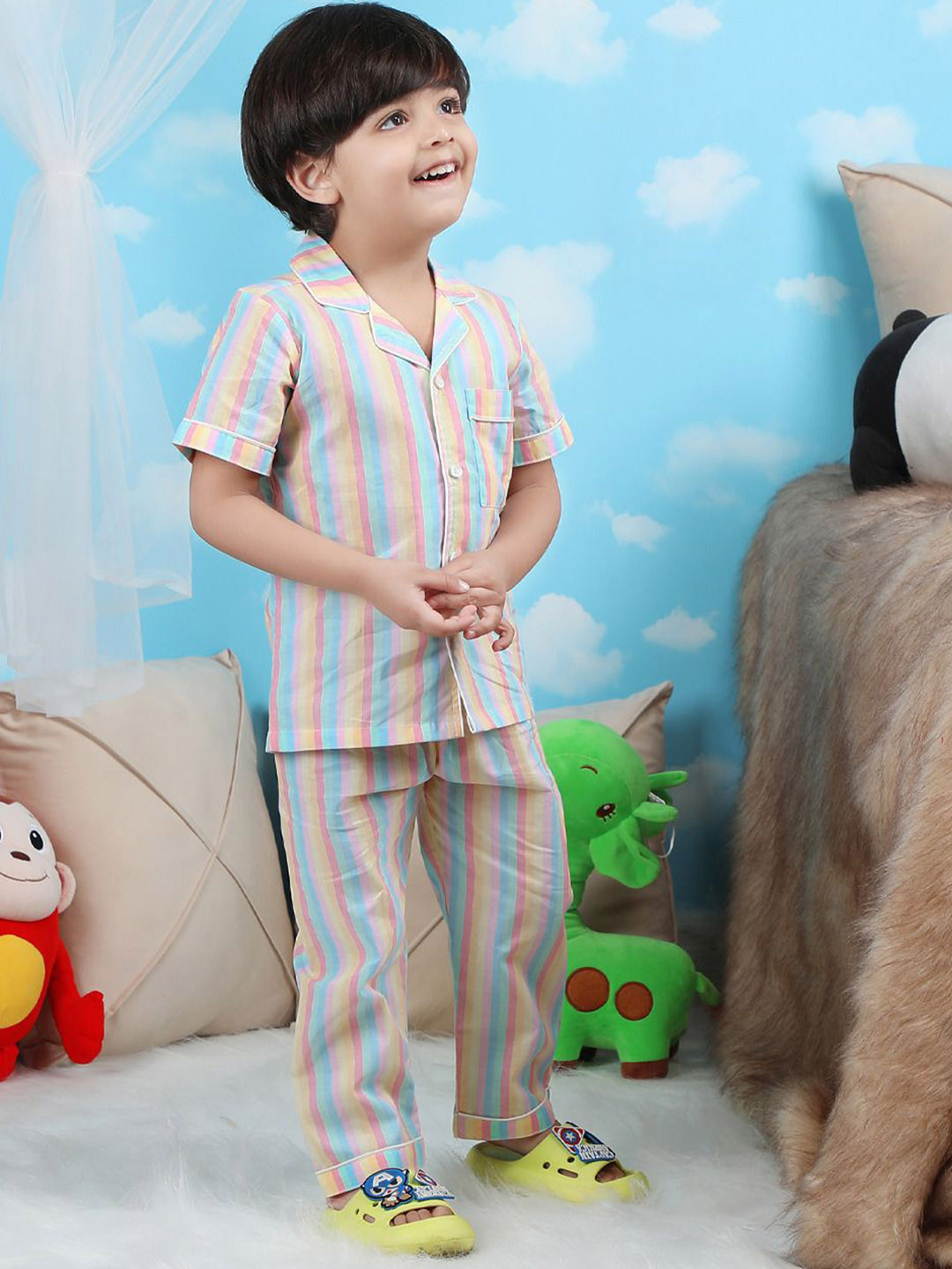 Polka Tots Boys Cotton Half Sleeve Stripe Printed Night suit
