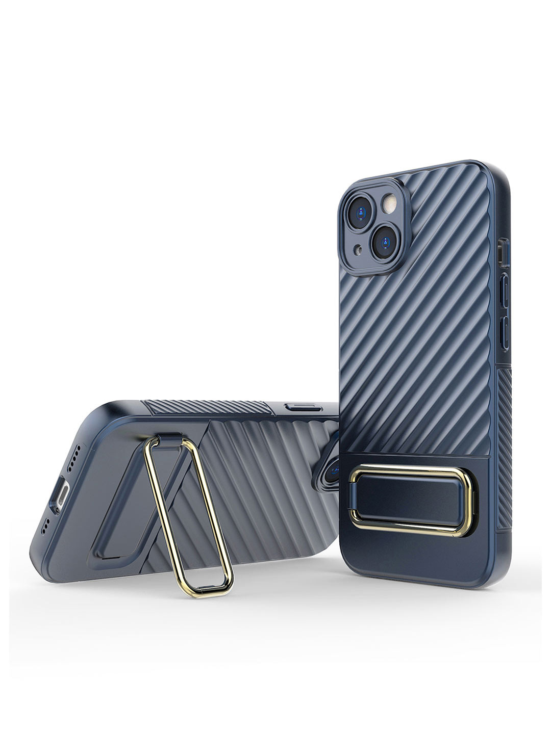 QRIOH iPhone 14 Blue Back Cover with Gold Metal Kickstand