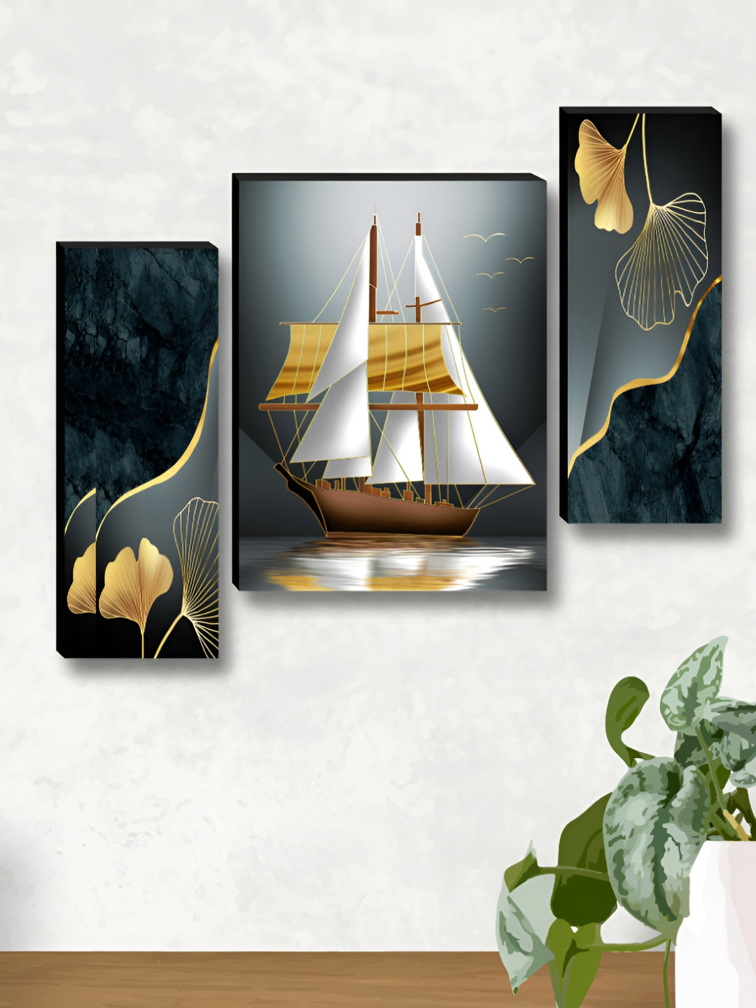 Myntra Elegant Homes Grey & White 3 Pieces Ship Wall Art
