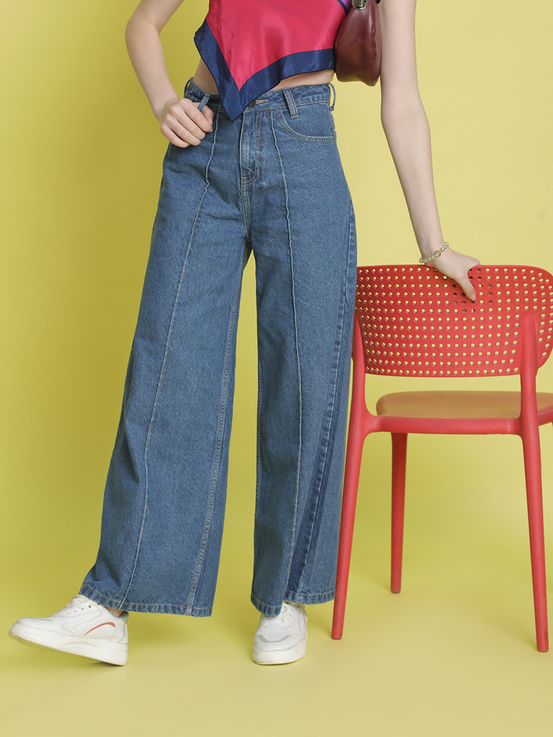 Bene Kleed Women Blue Pure Cotton Wide Leg High-Rise Jeans