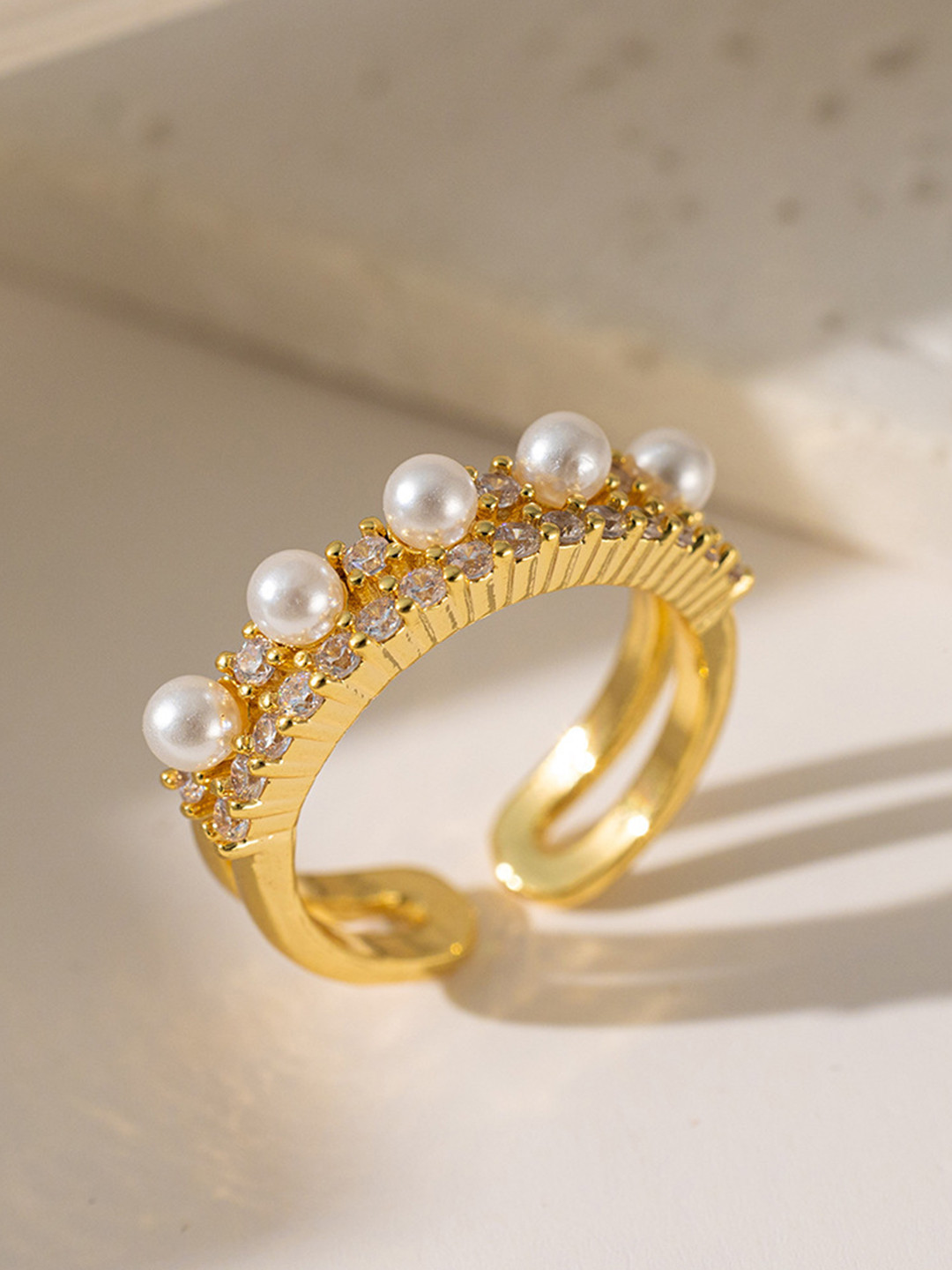 Just Lil Things Cubic Zirconia Stone Studded & Pearls Beaded Finger Ring