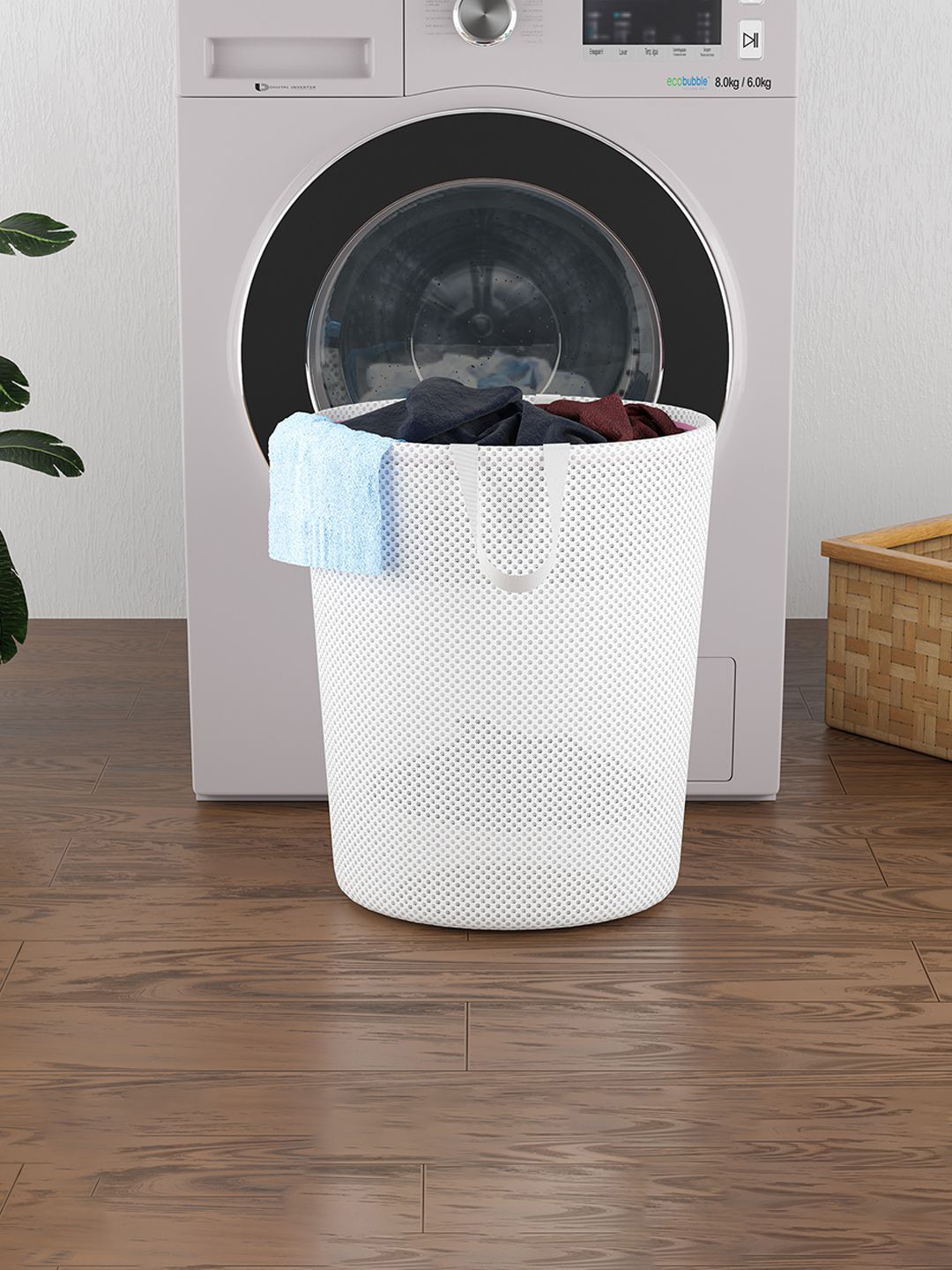 Kuber Industries White Textured Foldable & Reusable Laundry Bag With Handles