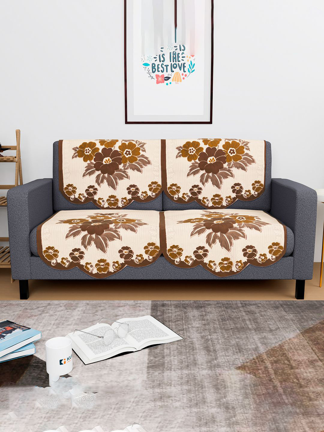 Kuber Industries Cream & Brown 4 Pieces Floral Self Design 2 Seater Cotton Sofa Cover