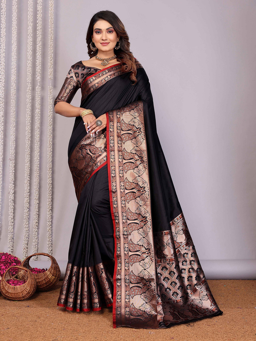 RAJ DHARMA SILK Woven Zari Silk Baluchari Saree With Unstitched Blouse Piece
