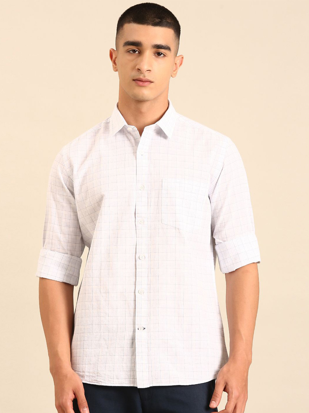 CAVALLO by Linen Club Men Spread Collar Checked Linen Contemporary Slim Fit Casual Shirts