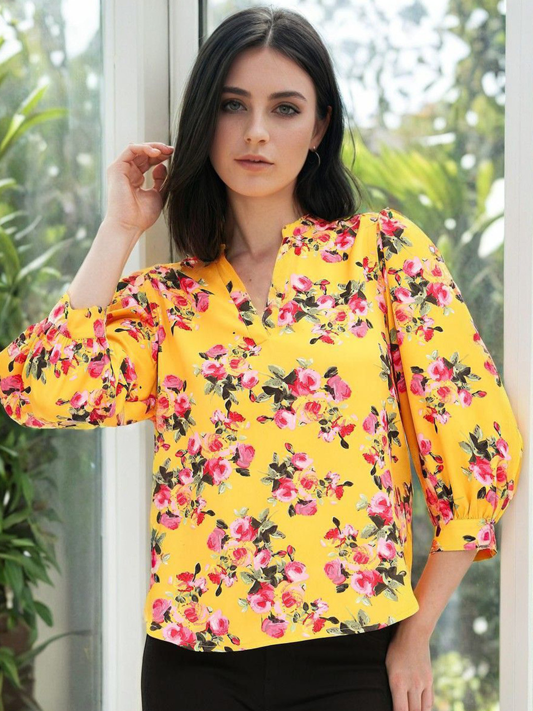 Mustard Yellow Floral V-Neck Puff Sleeve Top