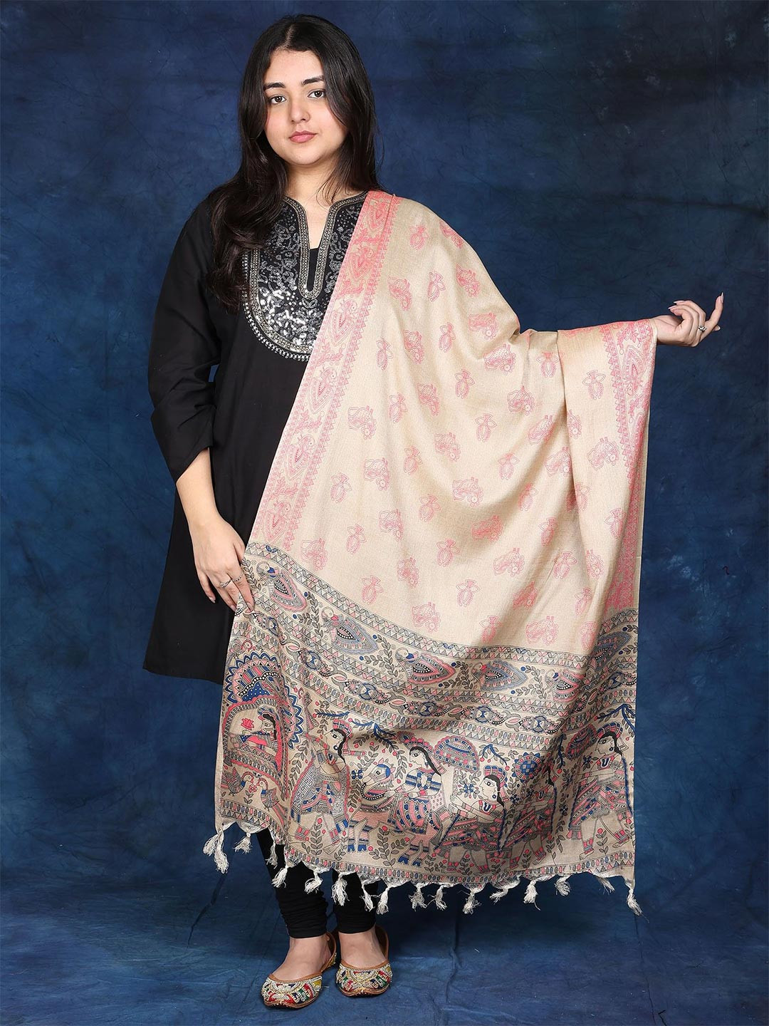 Exotic India Madhubani Art Viscose Dupatta with Printed Wedding Palanquin And Peacocks