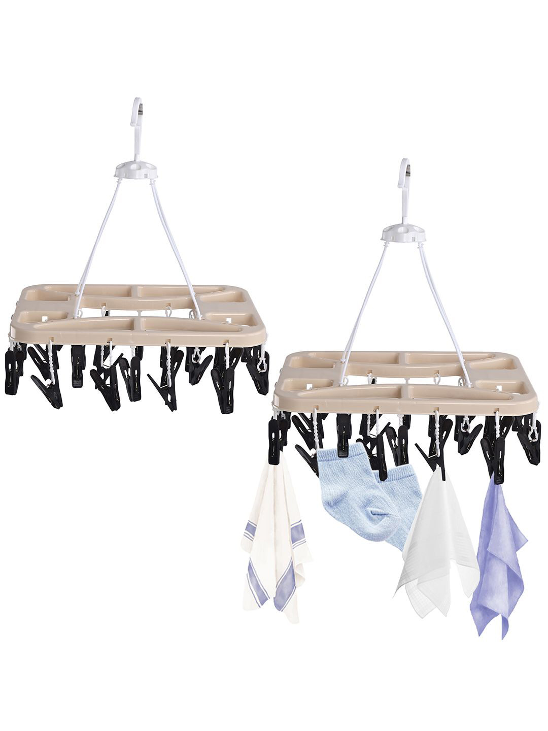 Kuber Industries Beige & Black 2 Pieces 360 Rotating Cloth Drying Hangers With 28 Clips