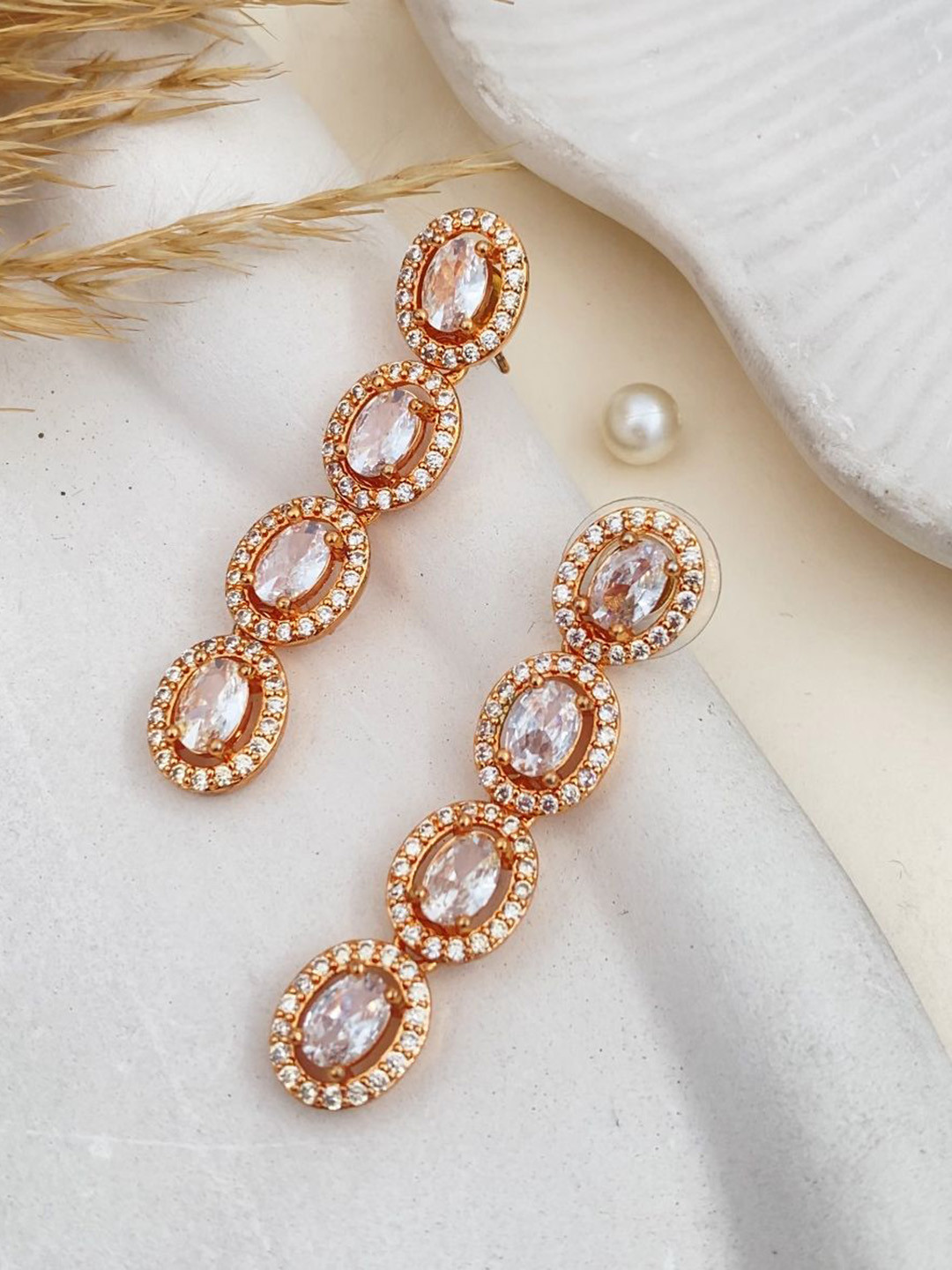 Rare Bello Rose Gold-Plated American Diamond Studded Floral Shaped Drop Earrings