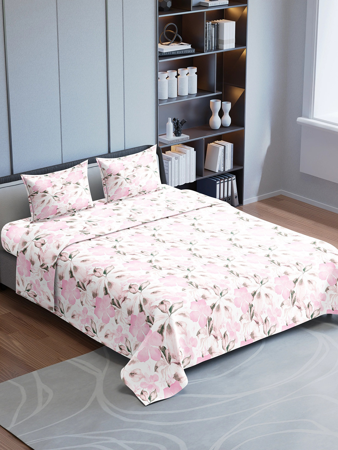 Synergized Cotton Luxury White Floral Cotton Breathable 180 TC King Fine Bedsheet with 2 Pillow Covers-108 x 108 inches