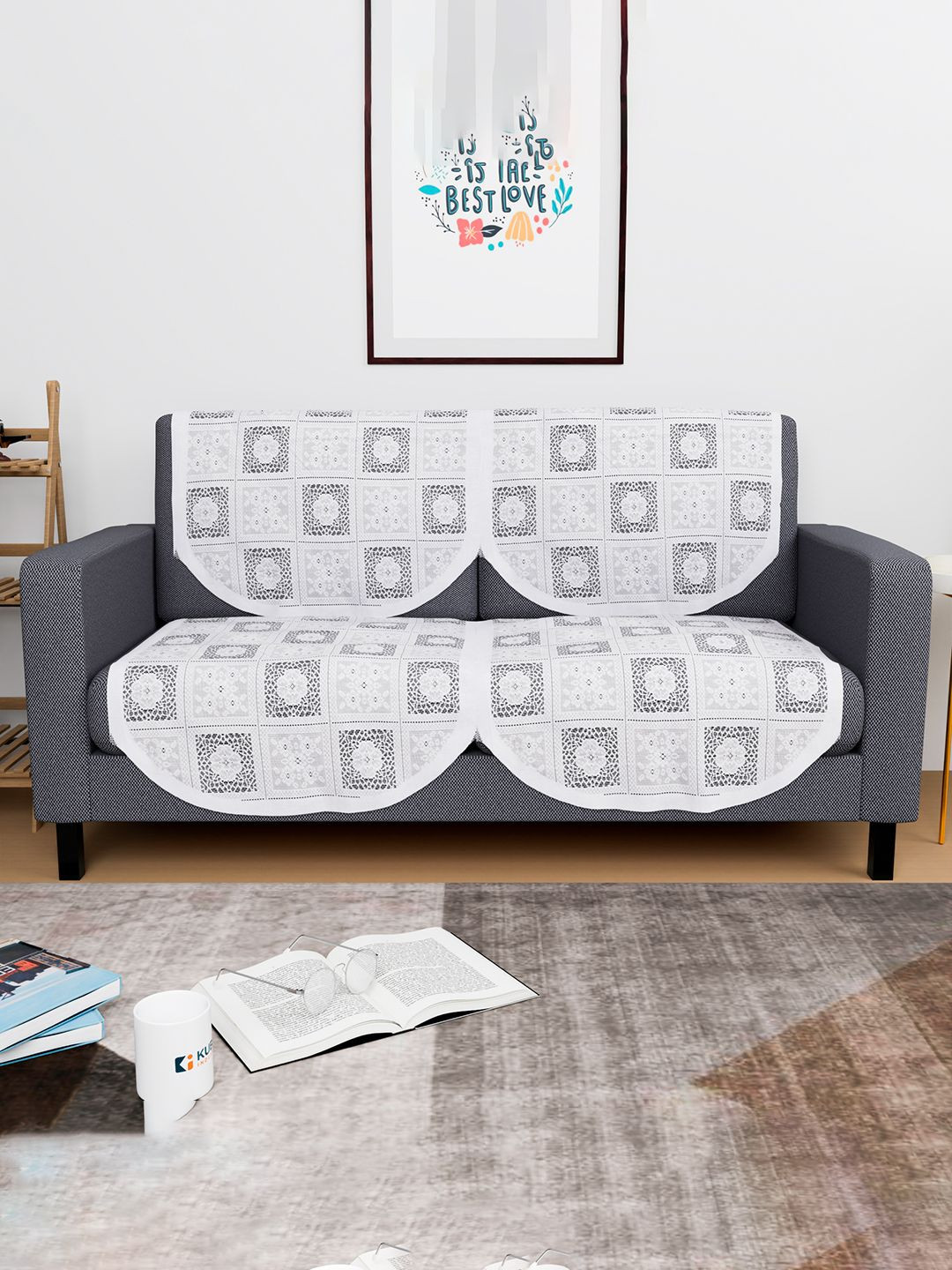 Kuber Industries White Self Design 4 Pieces Cotton 2 Seater Sofa Cover
